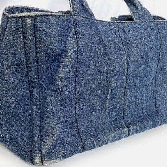 PRADA Canapa Tote Bag Very Good Denim Navy - Picture 3 of 12